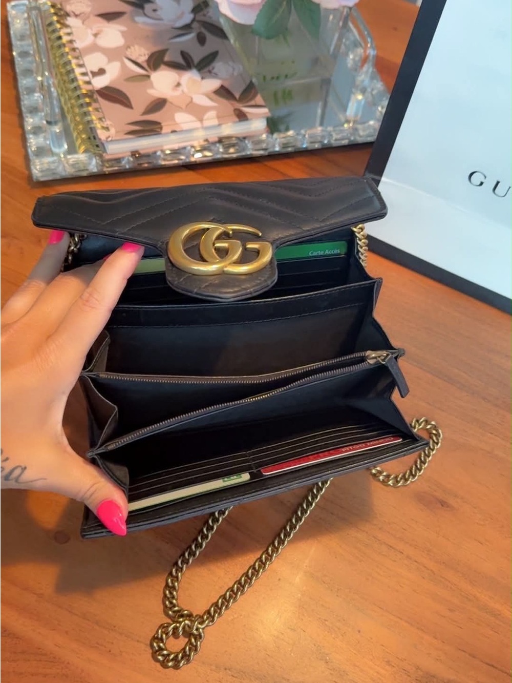 Gucci Black Leather GG Marmont Chain Crossbody Wallet with Gold Hardware